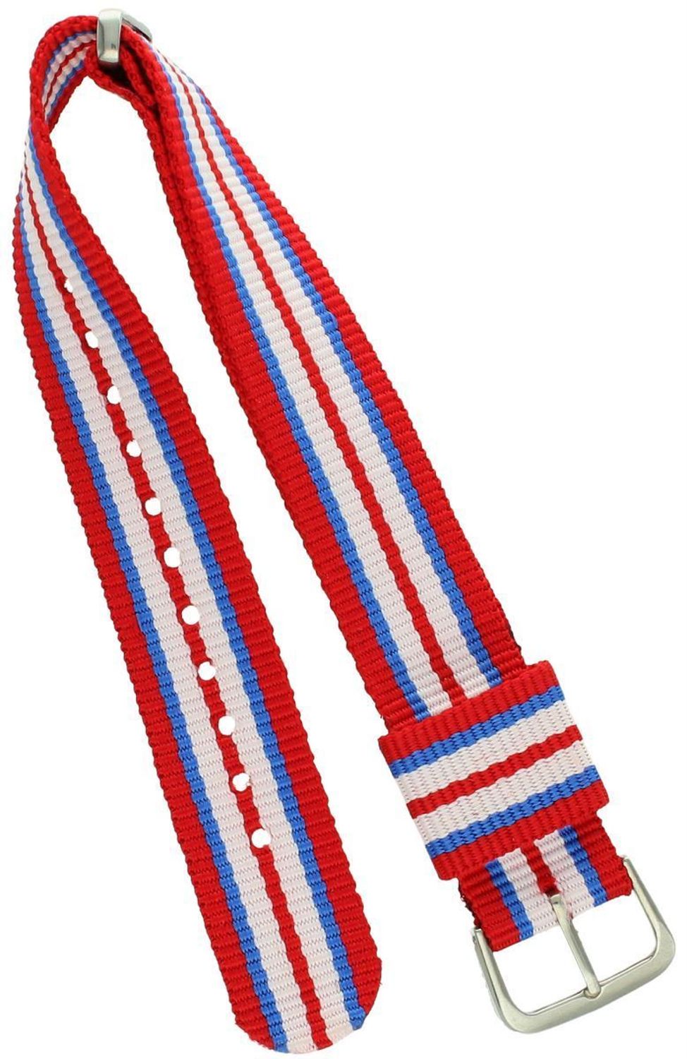 Pasek do zegarka NATO 005 w trzech kolorach – czerwonym, granatowym i białym. Nylonowy, parciany, długość 25,5 cm, szerokość 18 mm. Idealny do mniejszych zegarków sportowych i codziennych.1.jpg